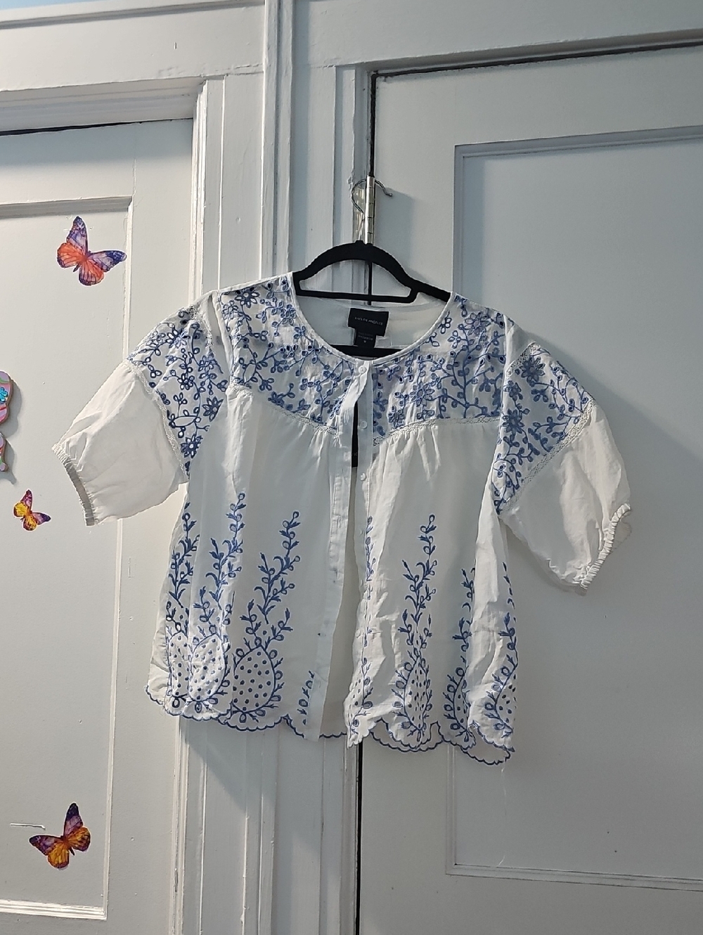 Blue & White Embroidered Cotton Peasant Top